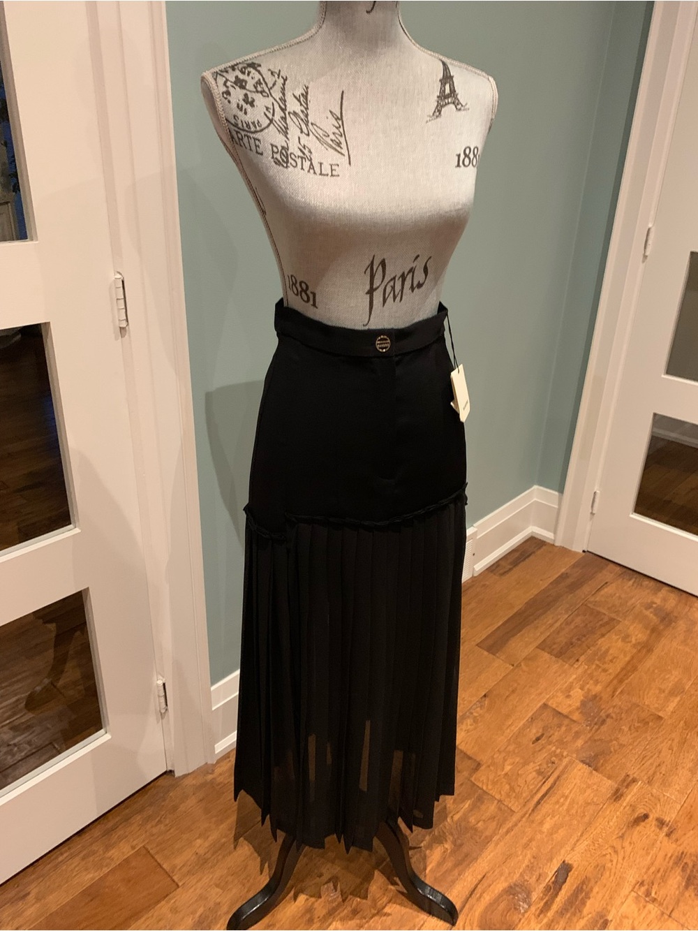 Sandro Black Midi Pleated Skirt with Sheer Hem